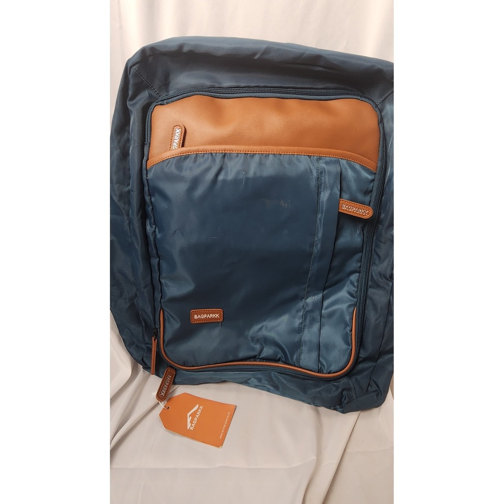 Bagparkk Blue Nylon  Brown Faux Leather Trim Travel Bag NWT